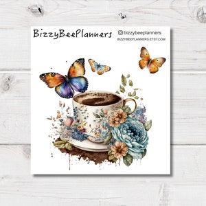 Stickers papillons et café - Stickers transparents - Sticker café - Sticker tasse de thé - Stickers papillons