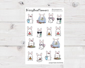 Juniper Eats and Drinks- Bunny Planner Stickers- Character Stickers- Pizza Stickers- Water Planner Stickers