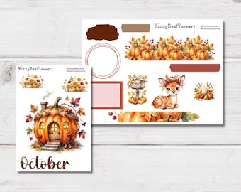 October Fall Planner Stickers – Pumpkin, Deer, Leaves Kit