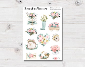 Spring  Flowers Planner Stickers- Flower Stickers- Hedgehog Stickers- Floral Deco Stickers- Spring Stickers