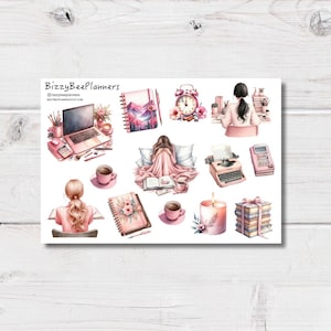 May include: A set of pink and white watercolour stickers featuring illustrations of a laptop, a typewriter, a book, a cup of coffee, a candle, a stack of books, a woman sitting at a desk, a woman reading in bed, and a woman working on a laptop. The stickers are ideal for planners, journals, and other creative projects.