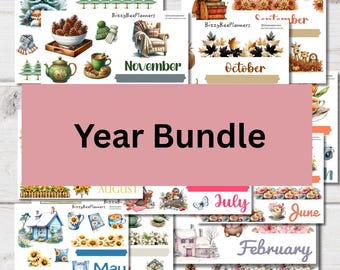 Puede incluir: Una colección de hojas de pegatinas estacionales etiquetadas como Year Bundle con ilustraciones en acuarela de temas mensuales que incluyen pinos, hojas de otoño, flores, interiores acogedores, animales y texto para cada mes de enero a noviembre.