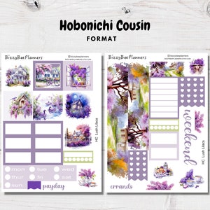 Kit semanal Hobonichi Cousin color lila exuberante - Pegatinas Hobonichi Cousin - Pegatinas florales - Pegatinas lilas para agenda