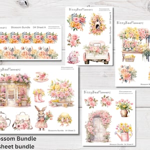 Lot d'autocollants en fleurs - Stickers pour agenda - Stickers pour journal de bord - Stickers lapin - Stickers floraux - Stickers pour fleuriste