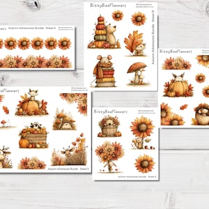 May include: Five rectangular sticker sheets labeled BizzyBeePlanners Autumn Adventures Bundle Sheets A through E. The sheets feature watercolor-style illustrations of sunflowers, pumpkins, autumn leaves, and woodland animals including mice, foxes, and deer.