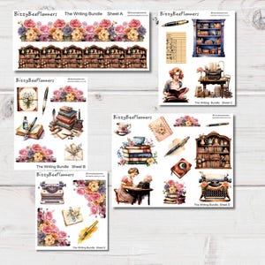 May include: A collection of planner stickers featuring watercolor illustrations. The designs include floral arrangements, bookshelves, vintage typewriters, and writing accessories. The text "The Writing Bundle" and "Sheet A, B, C, D, E" are visible.