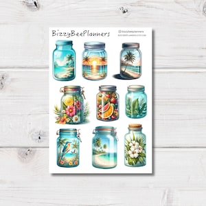 Stickers zomerse stenen pot - sticker zonsondergang - stickers Mason Jar - stickers zomer - plannerstickers