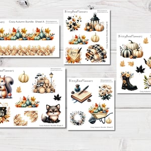 May include: A collection of autumn-themed planner stickers. The stickers feature pumpkins, leaves, squirrels, foxes, and other fall elements. The color palette includes orange, brown, and green. The text "Cozy Autumn Bundle" is visible on the sheets.