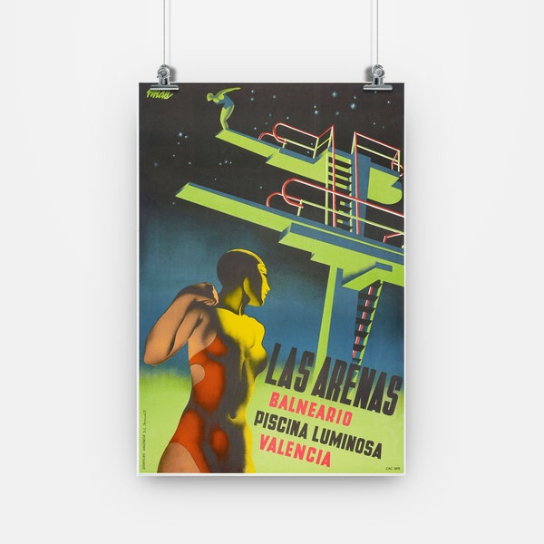 Swimming Vintage Poster by Renau - 1930s - Las Arenas - Valencia