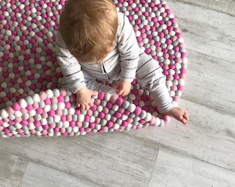 Nursery Rug | Pink Flamingo | Free Shipping | Felt Ball Rug | Nursery Decor | Play Mat | Wool Rug | Nursery Decor | Pom Pom Rug | Rug