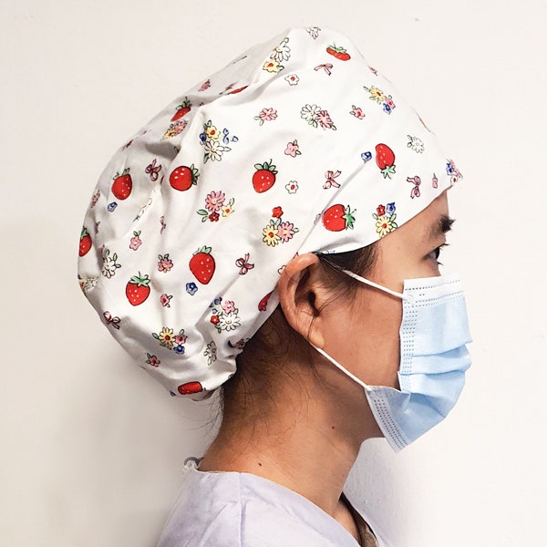 Strawberry Scrub Cap for Women/ floral print Surgical hat/ Surgical cap/ Euro style Scrub hats/ Scrub caps/ Adjustable scrub hat/ Gifts