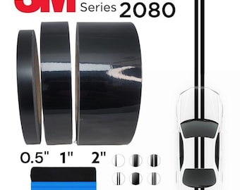 May include: Three rolls of 3M Wrap Film Series 2080 in black, with widths of 0.5 inches, 1 inch, and 2 inches. A blue squeegee and a white car with black racing stripes are also shown.