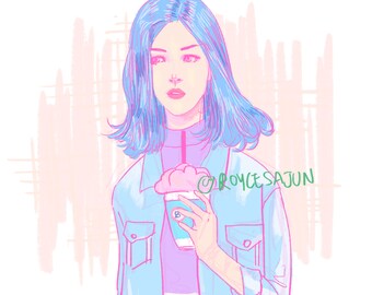 May include: A woman with blue hair is wearing a light blue denim jacket and a pink shirt. She is holding a pink and white cup with a pink and white drink. The background is a light pink and white abstract pattern.
