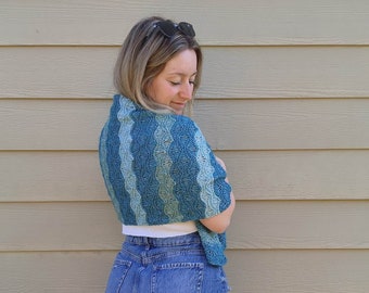 KNITTING PATTERN - The Wavey Waters Wrap // knit shawl pattern, wrap, shawl, scarf, stripes, worsted weight yarn, drop stitch, ripple