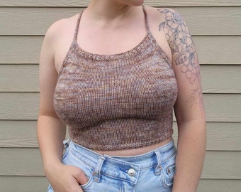 KNITTING PATTERN - The Catalonia Crop Top // knit tank pattern, short sleeve, size inclusive, cropped, open back, criss cross ties, backless