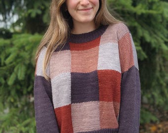 KNITTING PATTERN - The Patchwork Pullover / Gingham Pullover // knit sweater pattern, size inclusive, crew neck, intarsia, DK weight