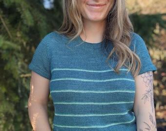 KNITTING PATTERN - The Summer Stripes Tee // striped knit t-shirt pattern, short sleeve, size inclusive, cropped, contiguous saddle shoulder