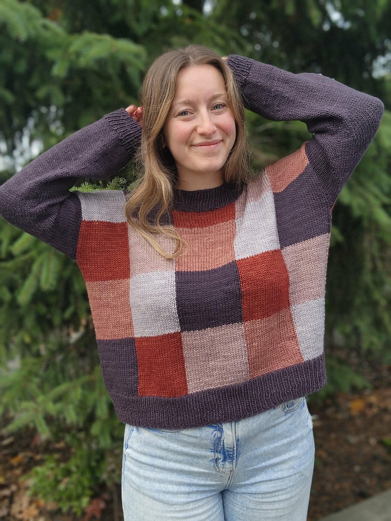 Op de afbeelding: Een gebreide patchworktrui in tinten paars, roest en grijs. De trui heeft een dambordpatroon over de borst en mouwen. Het model draagt een lichtblauwe spijkerbroek.