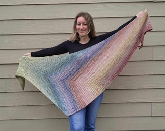 KNITTING PATTERN - The Contrariwise Shawl // knit shawl pattern, oversize, wrap, shawl, scarf, fade, waffle stitch, yarn minis, sock and dk