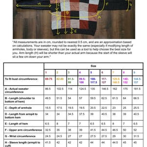 Op de afbeelding: Een schema en maattabel voor een patchwork trui. De trui wordt getoond met afmetingen in centimeters, inclusief omtrek, lengte en armsgatdiepte. De tabel geeft maat informatie voor borstomtrekken van 69-157 cm.