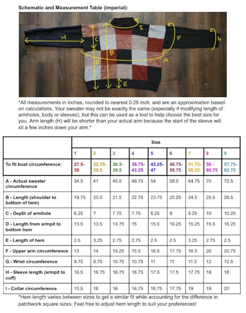 Op de afbeelding: Een schematische en maattabel voor een patchwork trui. De trui wordt weergegeven met afmetingen in inches, inclusief borstomtrek, schouderlengte en armsgatdiepte. De tabel geeft maatvoeringinformatie.