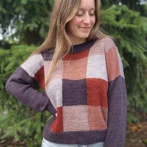 Op de afbeelding: Een patchwork trui in tinten paars, grijs en roest. De trui heeft een ronde hals en lange mouwen. Het ontwerp is een reeks vierkanten in verschillende kleuren. De mouwen en de halslijn zijn effen donkerpaars.