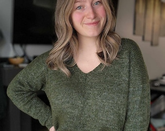 KNITTING PATTERN - The Study Hour Sweater // knit sweater pattern, long sleeve, size inclusive, V neck, drop shoulder, positive ease