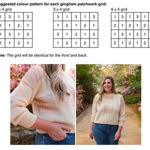 Op de afbeelding: Een cr&egrave;mekleurige trui met een roze en cr&egrave;mekleurig ruitpatroon op de voorkant. De trui heeft lange mouwen en wordt gecombineerd met een blauwe spijkerbroek. De afbeelding bevat ook kleurensuggesties voor een ruitjes patchwork raster.