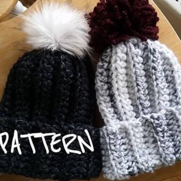 CROCHET PATTERN - The Discovery Beanie // Chunky ribbed crochet beanie, faux fur pom-pom, winter beanie,  wool hat, chunky toque, bulky hat