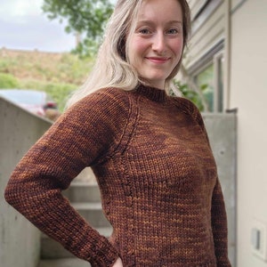 May include: A brown and orange knit sweater with a crew neck and long sleeves.