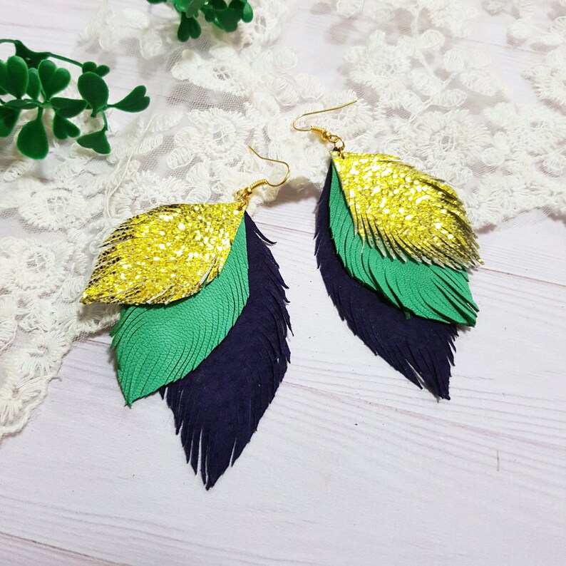 Mardi Gras earrings Statement Earrings Layered Leather Earrings Leather Feather Earrings Leaves Leather Earrings Boho Earrings
