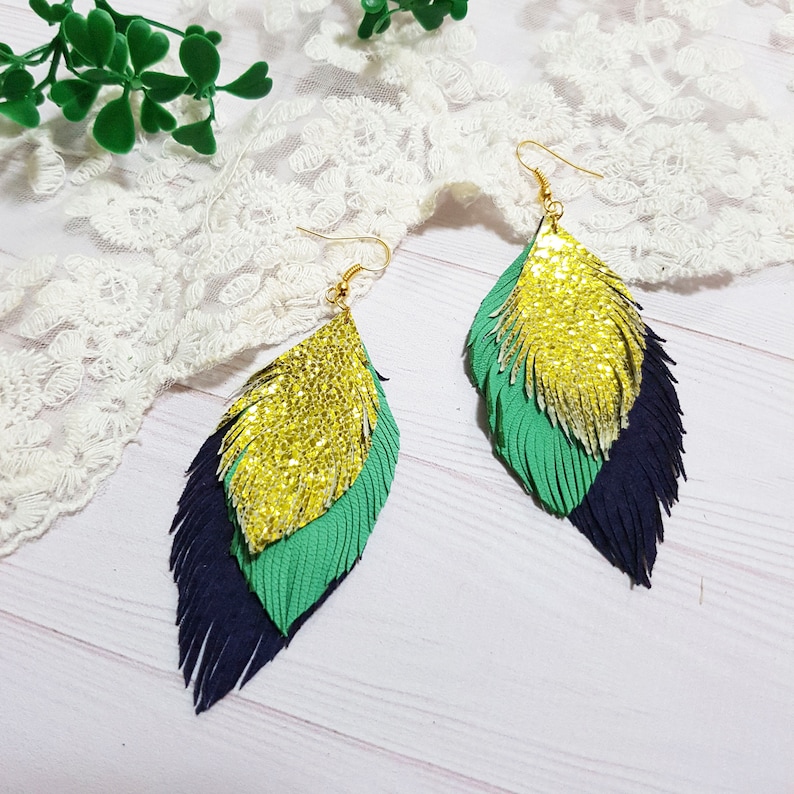Mardi Gras earrings Statement Earrings Layered Leather Earrings Leather Feather Earrings Leaves Leather Earrings Boho Earrings