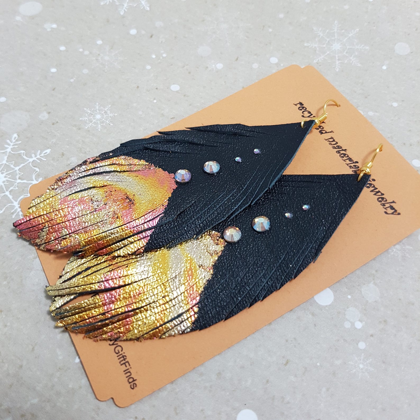 Blackgold copper Leather earrings Leather feathers Etsy