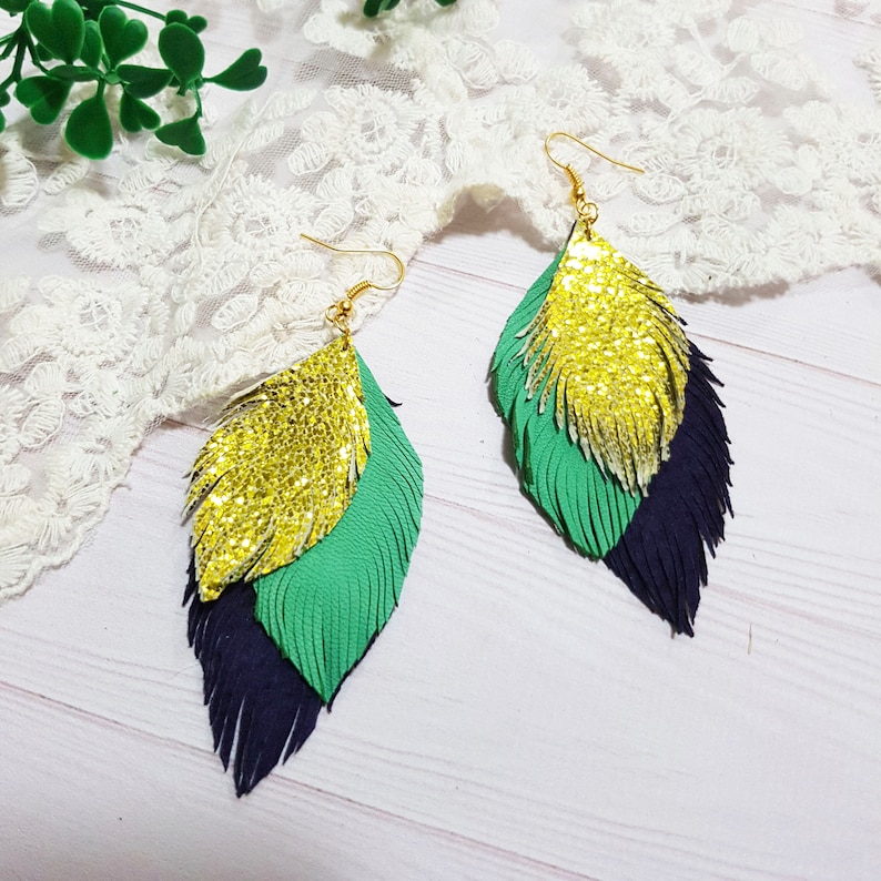 Mardi Gras earrings Statement Earrings Layered Leather Earrings Leather Feather Earrings Leaves Leather Earrings Boho Earrings