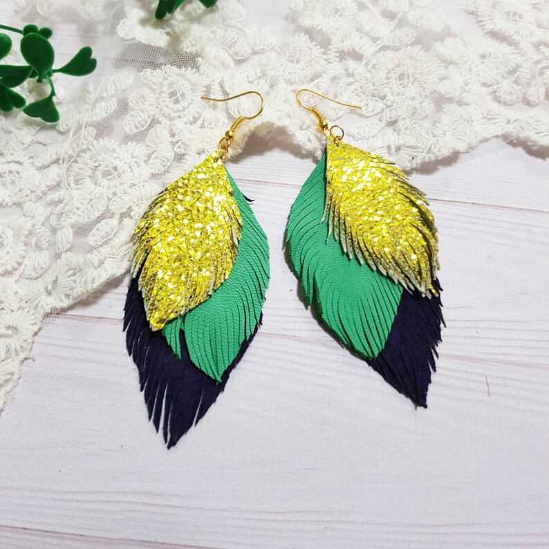 Mardi Gras earrings Statement Earrings Layered Leather Earrings Leather Feather Earrings Leaves Leather Earrings Boho Earrings