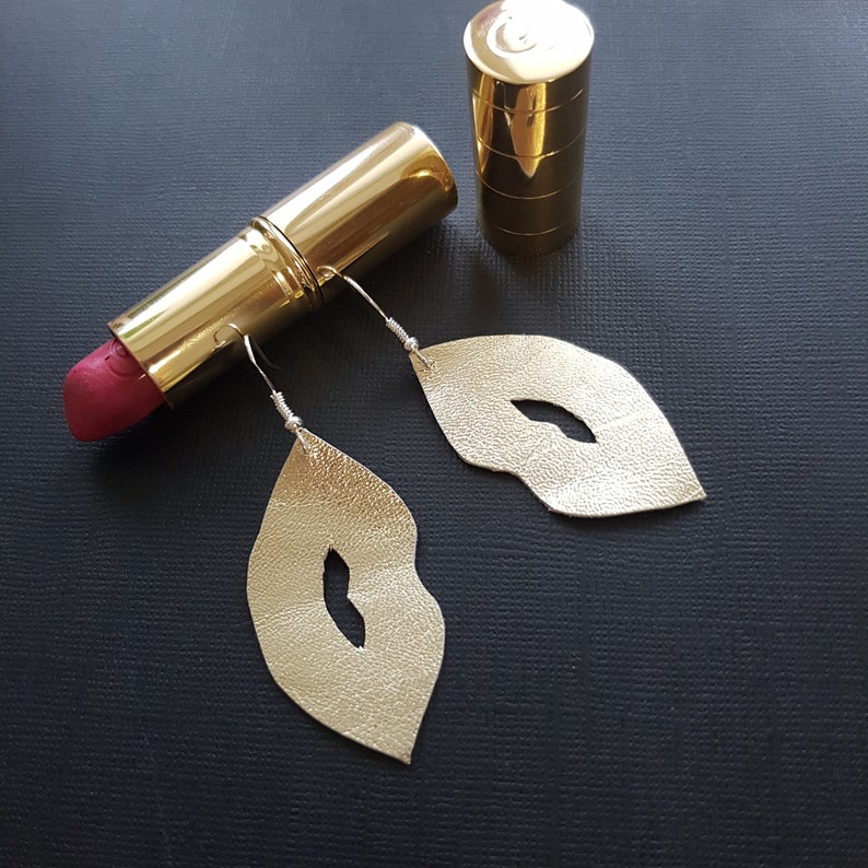 Statement jewelry Gold lips earrings Leather Lips Etsy
