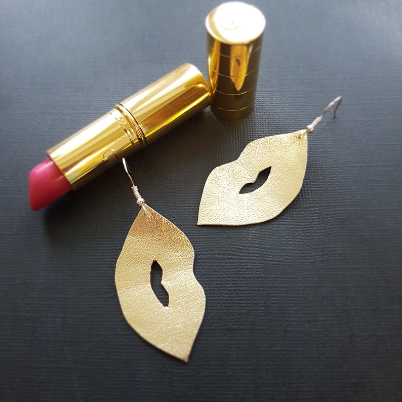 Statement jewelry Gold lips earrings Leather Lips Etsy
