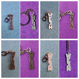 May include: A set of ten keychains with the word "WEISS" spelled vertically on each keychain. The keychains are made of metal and come in a variety of colors, including silver, gold, black, and pink.