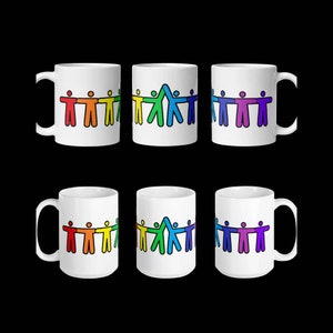 May include: Six white ceramic mugs with a rainbow design of stick figures holding hands. Each mug has a different color scheme, with the figures in a rainbow order.