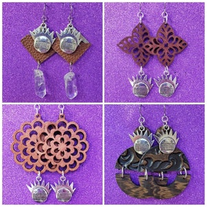 Ween Boognish drop dangle earrings on nickel-free stainless steel fishhooks - Wood, Crystal, and Faux Leather - choose one