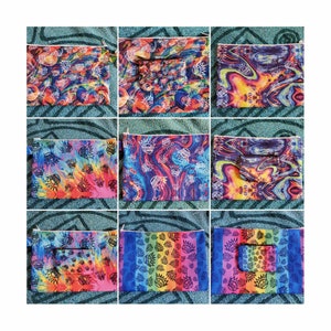 May include: Nine colorful zippered pouches with a variety of psychedelic patterns. The pouches are made of a fabric with a rainbow swirl design and feature a smaller pouch inside.
