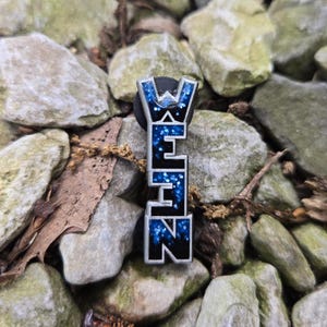 May include: A black and silver pin with the letters "WHZ" in a vertical arrangement. The letters are filled with blue glitter and outlined in silver. The pin is set against a background of gray and green rocks.