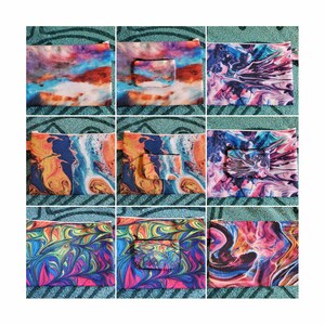 May include: Nine colorful fabric pouches with a smaller pocket on the front. The pouches have a variety of abstract patterns in shades of blue, pink, orange, and yellow.