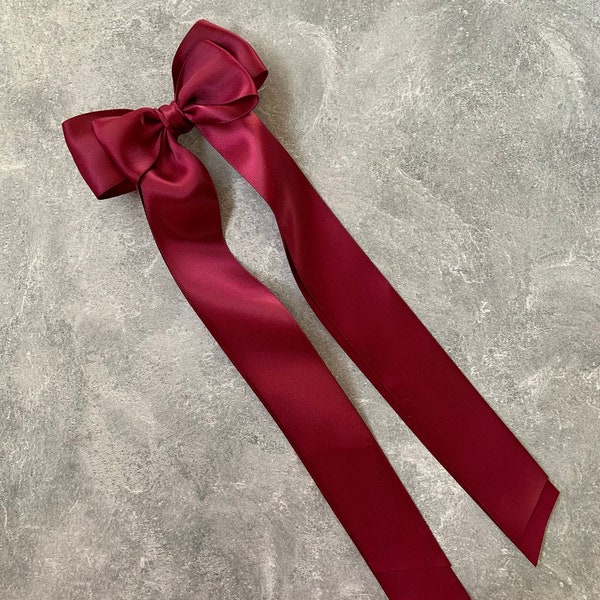 Long Hair Bow Clip - Burgundy Wine Hair Bow for Women