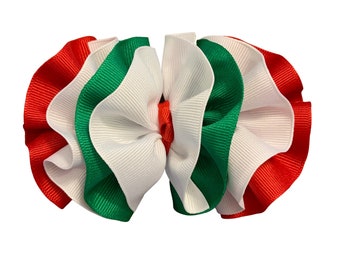 Italy Hair Bows - Red White and Green Ruffled Hair Bow - Christmas Hair Bow Ruffled