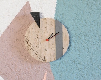 Vintage wall clock from Junghans made of travertine and stoneware from the 80s and 90s