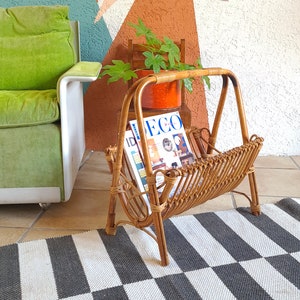 Vintage rattan magazine rack from the 70s
