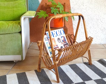 Vintage rattan magazine rack from the 70s