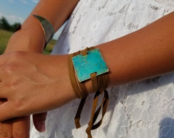 Long leather wrap bracelet or choker necklace with brass patina pendant. Choose your options