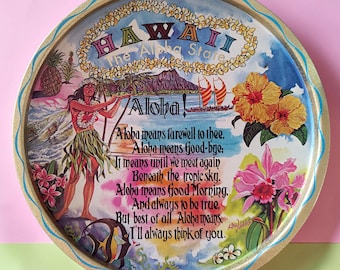 Vintage Hawaii Metal Tray | Mid-Century Aloha Hula Dancer Barware Decor